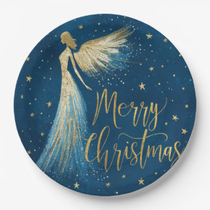 Golden Christmas Angel on Starry Navy Paper Plates