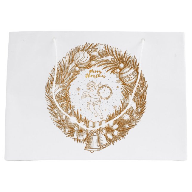 Golden Christmas Angel-Wreath-Merry Christmas   Large Gift Bag (Front)