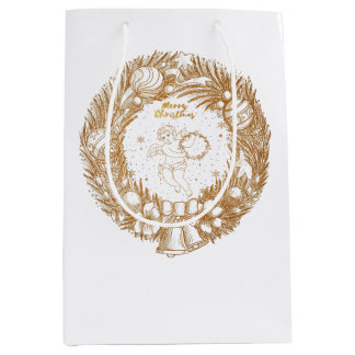 Golden Christmas Angel-Wreath-Merry Christmas Medium Gift Bag