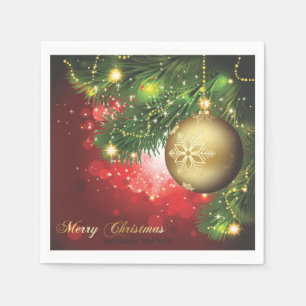 Golden Christmas Balls & Pine Tree Branches Paper Paper Napkins