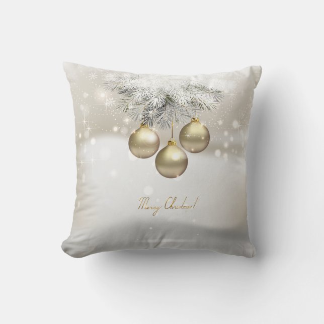 Golden Christmas Balls & Silver Pine Tree Branches Throw Pillow (Front)