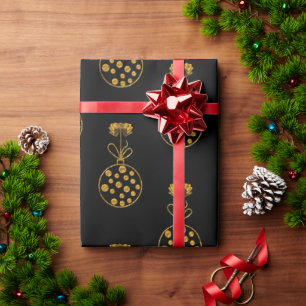 Golden Christmas Baubles on Black Wrapping Paper