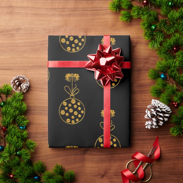 Golden Christmas Baubles on Black Wrapping Paper (Holiday Gift)