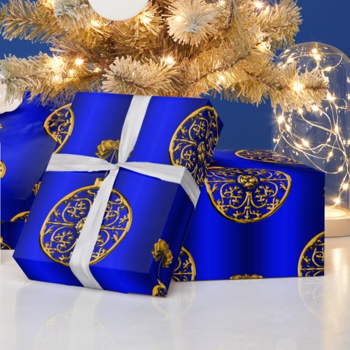 Golden Christmas Baubles on Blue Wrapping Paper