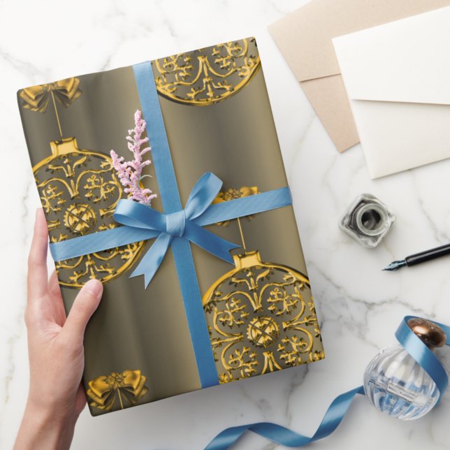 Golden Christmas Baubles on Bronze Wrapping Paper (Creator Uploaded)