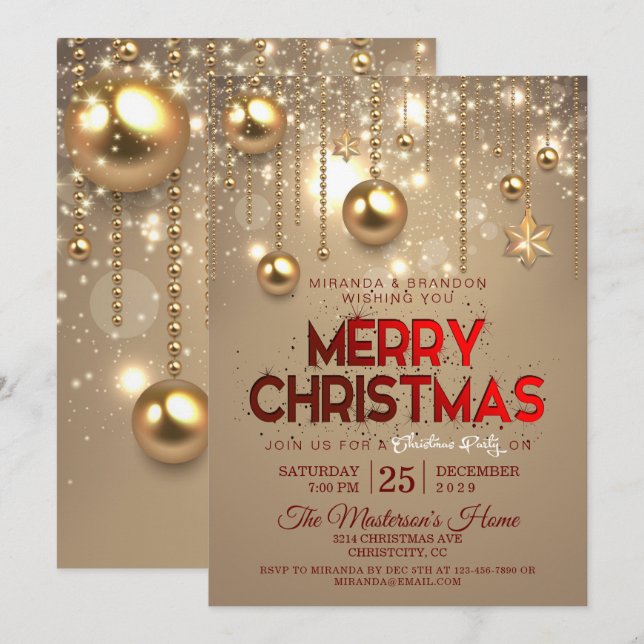 Golden Christmas Baubles & Stars Christmas Invitation (Front/Back)