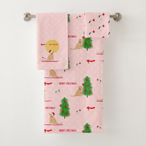 Golden Christmas Beach Day Pink Shower Curtain Bath Towel Set