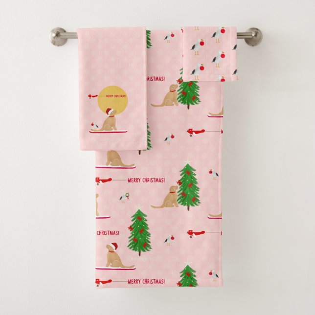 Golden Christmas Beach Day Pink Shower Curtain Bath Towel Set (Insitu)
