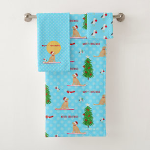Golden Christmas Beach Day Shower Curtain Bath Towel Set