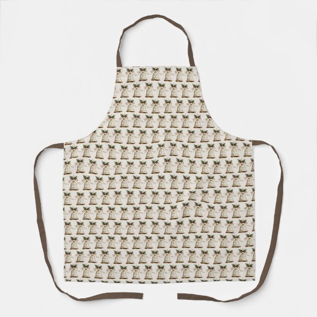 Golden Christmas Bell Green Leaves Winter Holiday Apron (Front)