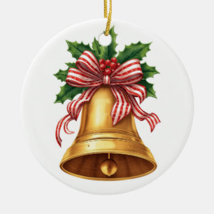 Golden Christmas Bell Holly and Stripe Bow Ceramic Ornament