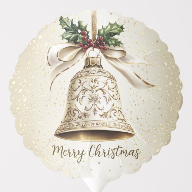 Golden Christmas Bell Shiny Stars Green Leaves Balloon (Front)