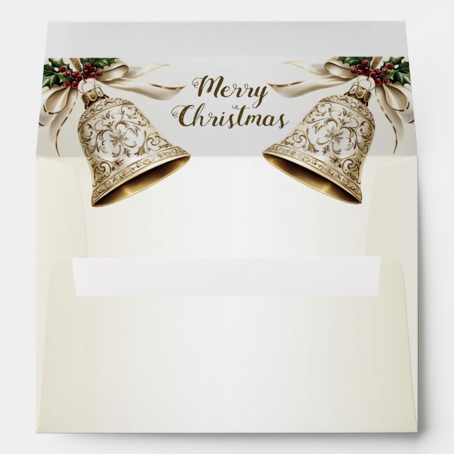 Golden Christmas Bell Shiny Stars Green Leaves Envelope (Back (Bottom))