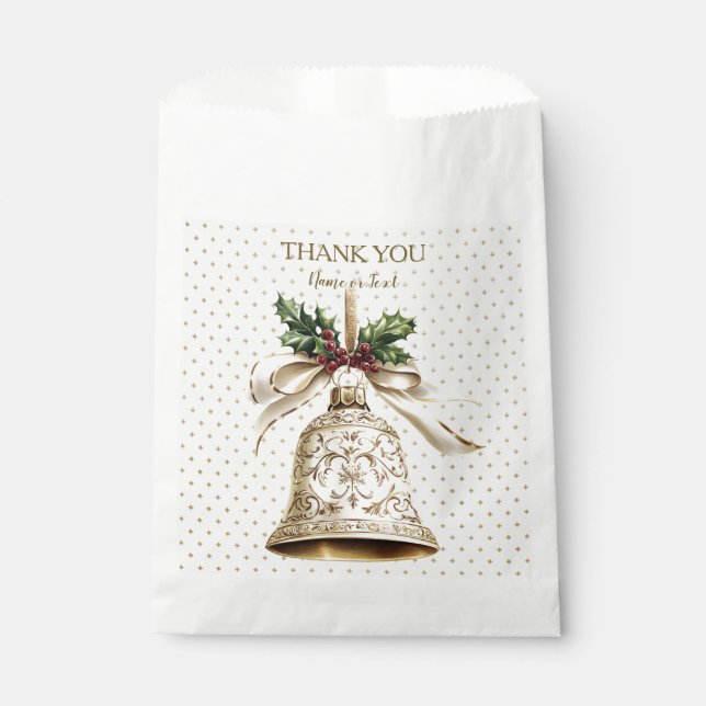Golden Christmas Bell Shiny Stars Green Leaves Favor Bag (Front)