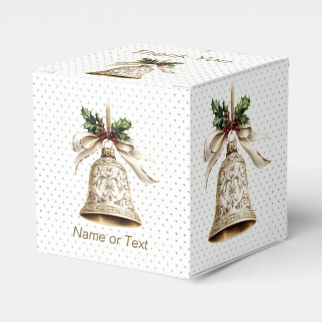 Golden Christmas Bell Shiny Stars Green Leaves Favor Boxes (Front Side)