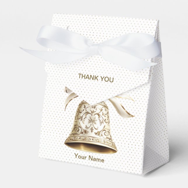 Golden Christmas Bell Shiny Stars Green Leaves Favor Boxes (Front Side)