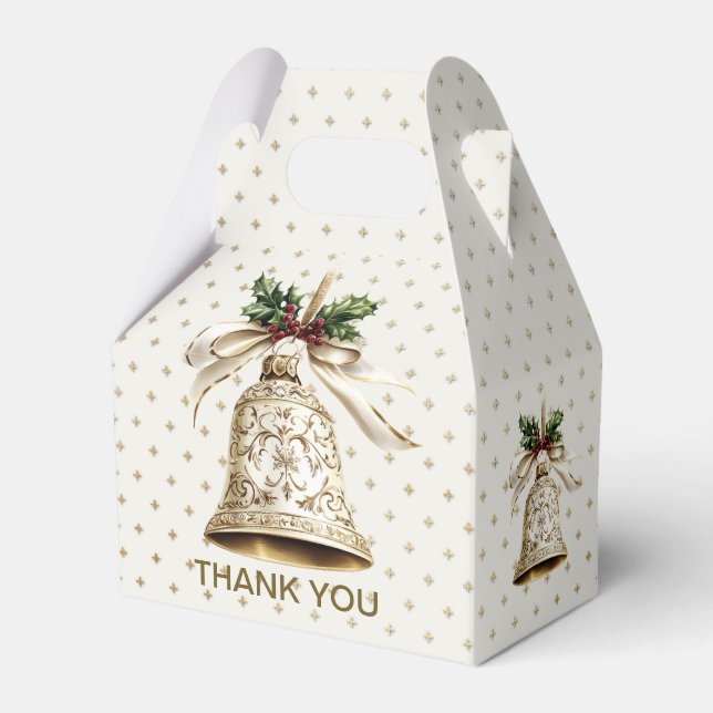 Golden Christmas Bell Shiny Stars Green Leaves Favor Boxes (Front Side)