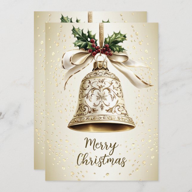 Golden Christmas Bell Shiny Stars Green Leaves Holiday Card (Front/Back)