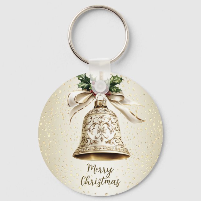 Golden Christmas Bell Shiny Stars Green Leaves Keychain (Front)