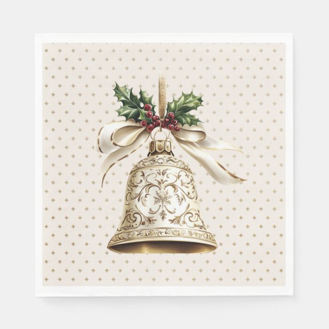 Golden Christmas Bell Shiny Stars Green Leaves Napkins (Front)
