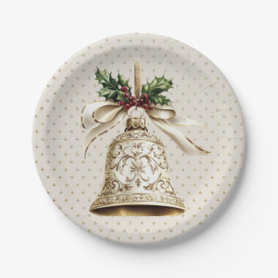 Golden Christmas Bell Shiny Stars Green Leaves Paper Plates
