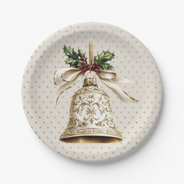 Golden Christmas Bell Shiny Stars Green Leaves Paper Plates (Front)