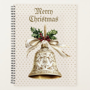 Golden Christmas Bell Shiny Stars Green Leaves Planner