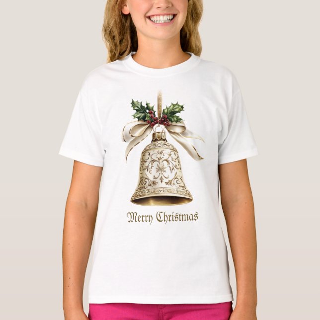 Golden Christmas Bell Shiny Stars Green Leaves T-Shirt (Front)