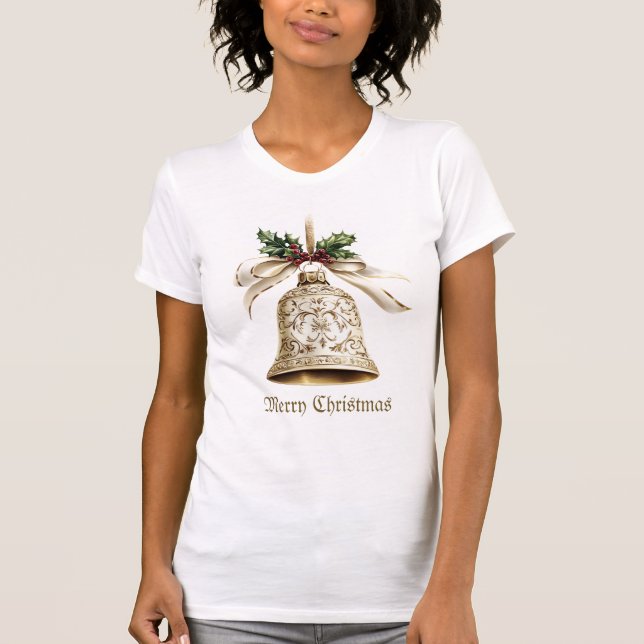 Golden Christmas Bell Shiny Stars Green Leaves T-Shirt (Front)