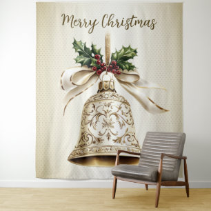 Golden Christmas Bell Shiny Stars Green Leaves Tapestry