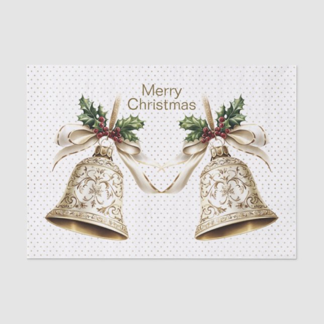 Golden Christmas Bell Shiny Stars Green Leaves Tissue Paper (Front)
