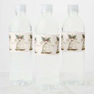 Golden Christmas Bell Shiny Stars Green Leaves Water Bottle Label
