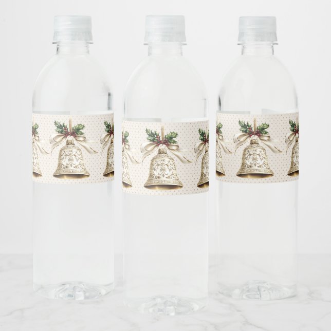 Golden Christmas Bell Shiny Stars Green Leaves Water Bottle Label (Bottles)
