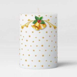 Golden Christmas Bells and Stars on White Pillar C Pillar Candle