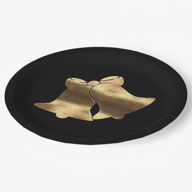 Golden Christmas Bells Black Gold Festive Elegant Paper Plates (Angled)