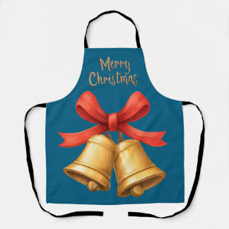 Golden Christmas Bells Blue Holiday Apron