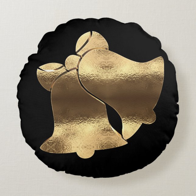 Golden Christmas Bells Elegant Black and Gold Round Pillow (Front)