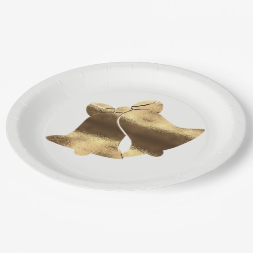 Golden Christmas Bells White Gold Festive Elegant Paper Plates