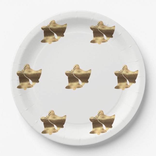 Golden Christmas Bells White Gold Pattern Elegant Paper Plates (Front)