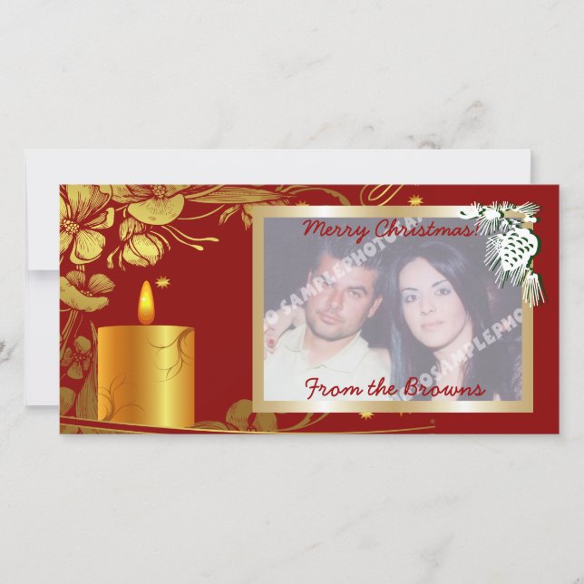 Golden Christmas Candle And Flowers Custom Product Holiday Card (Front)