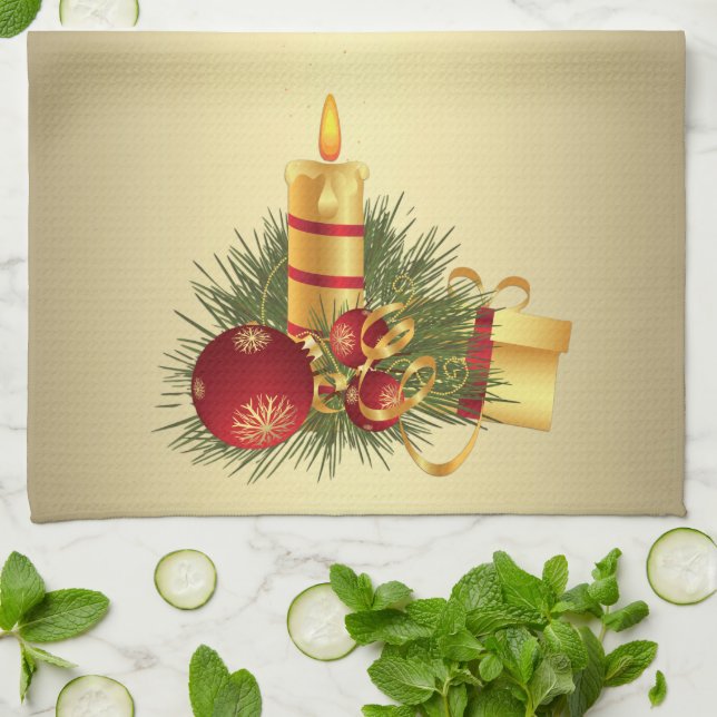 Golden Christmas Candle Kitchen Towel (Folded)