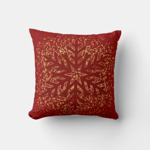 Golden Christmas Confetti Snowflake in Dark Red Throw Pillow