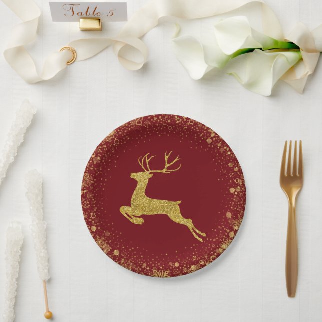 Golden  Christmas Deer elegant design Paper Plates (Wedding)