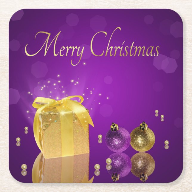 Golden Christmas Gift Box Square Paper Coaster (Front)