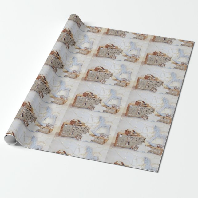 Golden Christmas Gifts and Rocking Horse Toy Wrapping Paper (Unrolled)