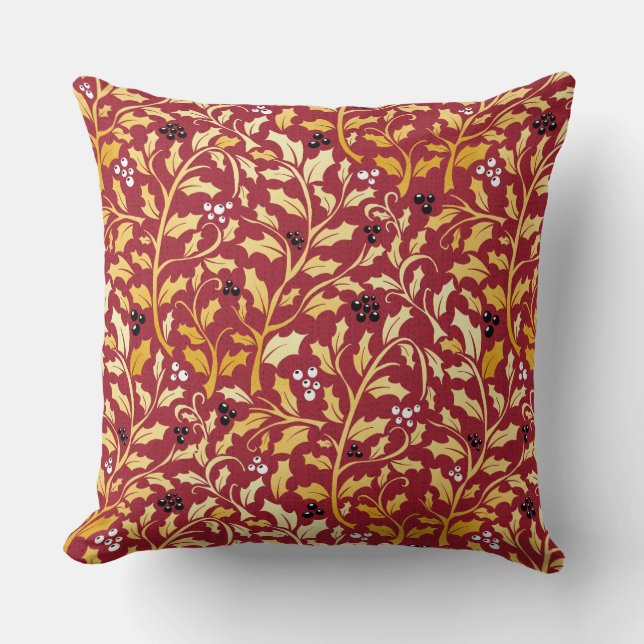 Golden christmas holly leaves and berries pattern throw pillow (Front)