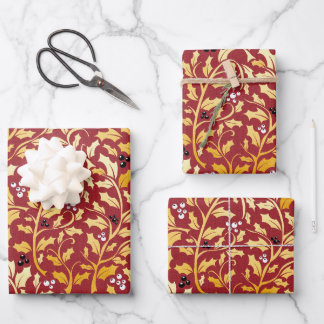 Golden Christmas Holly pattern on red Wrapping Paper Sheets
