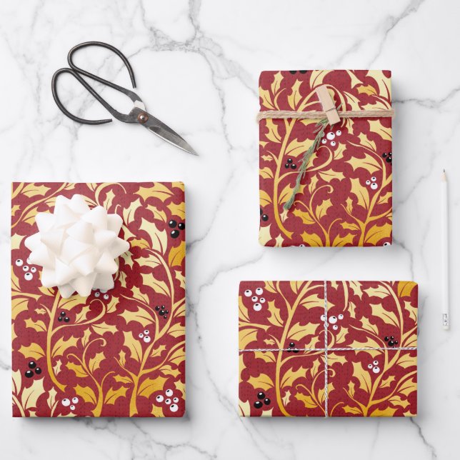 Golden Christmas Holly pattern on red Wrapping Paper Sheets (Front)