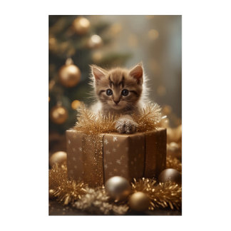 Golden Christmas Kitten in Gift Box Acrylic Print