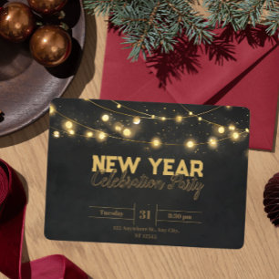 Golden Christmas Lights Minimalist New Year Invitation